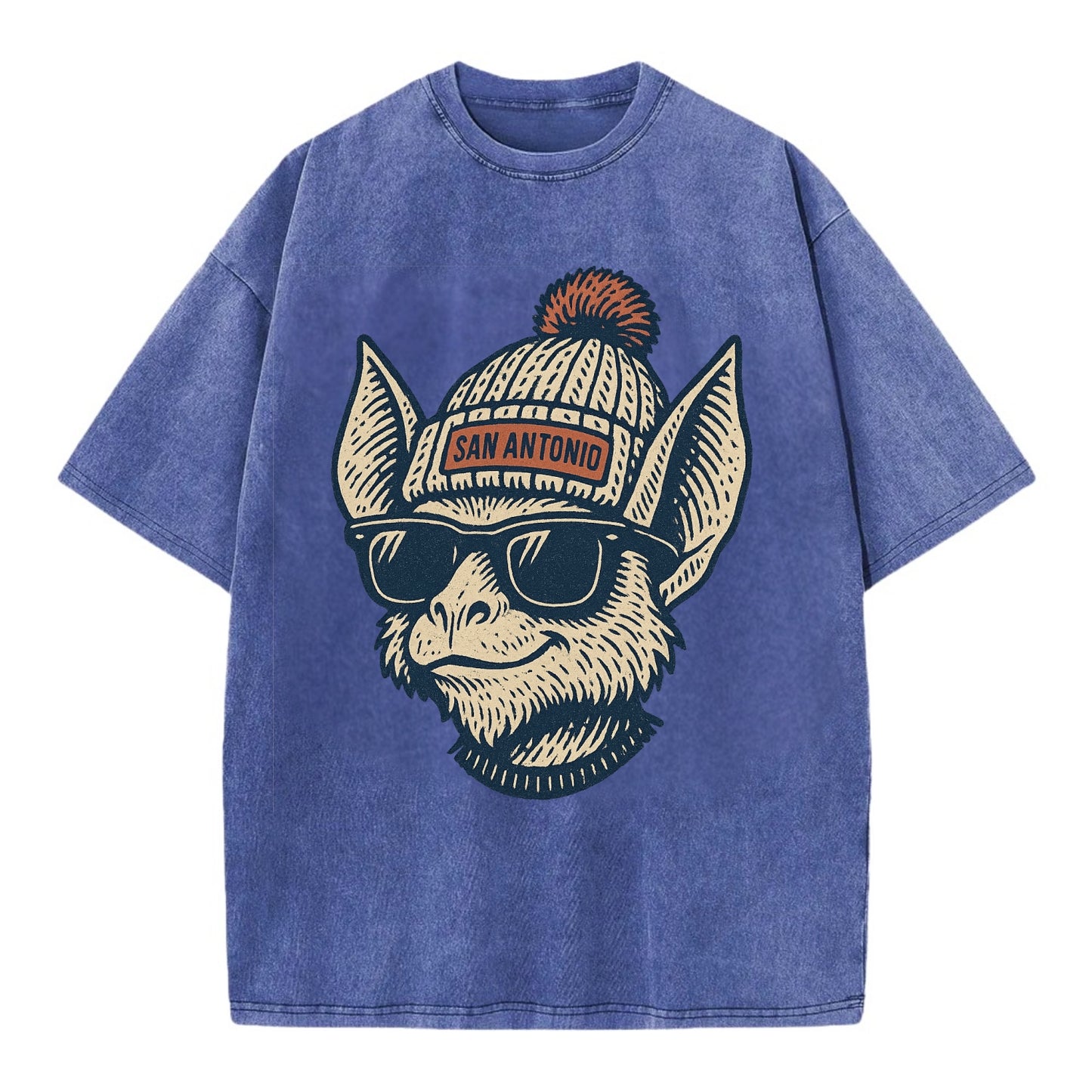 San Antonio Bat wearing San Antonio beanie with pom pom and wayfarer sunglasses - Vintage T-shirt - Blue