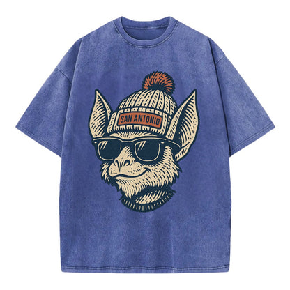 San Antonio Bat wearing San Antonio beanie with pom pom and wayfarer sunglasses - Vintage T-shirt - Blue