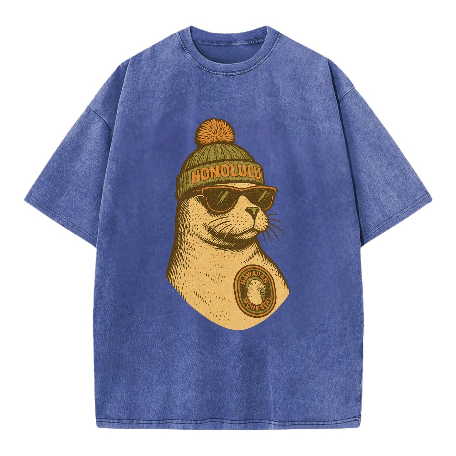 Hawaii Monk Seal wearing Honolulu beanie with pom pom and wayfarer sunglasses - Vintage T-shirt - Blue