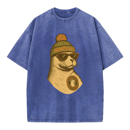 Hawaii Monk Seal wearing Honolulu beanie with pom pom and wayfarer sunglasses - Vintage T-shirt - Blue