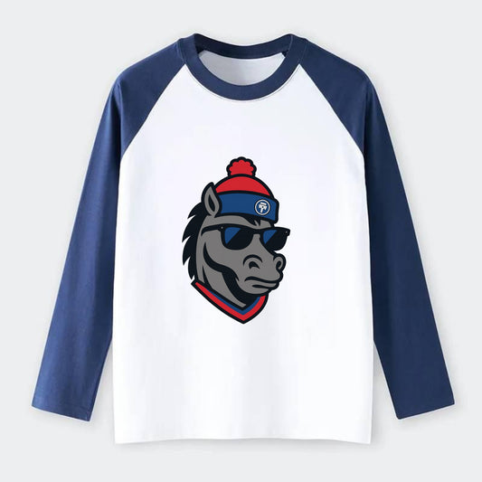 Detroit Stallion wearing Pistons red and blue beanie with piston patch - Raglan Long Sleeve T-Shirt - Blue