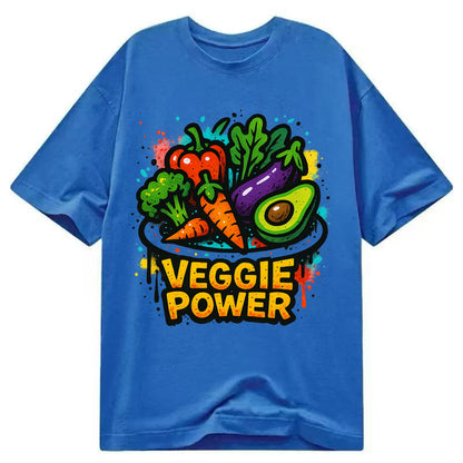 Colorful vegetables and plants on plate - plant-based lifestyle, veggie power - Classic T-shirt - Blue