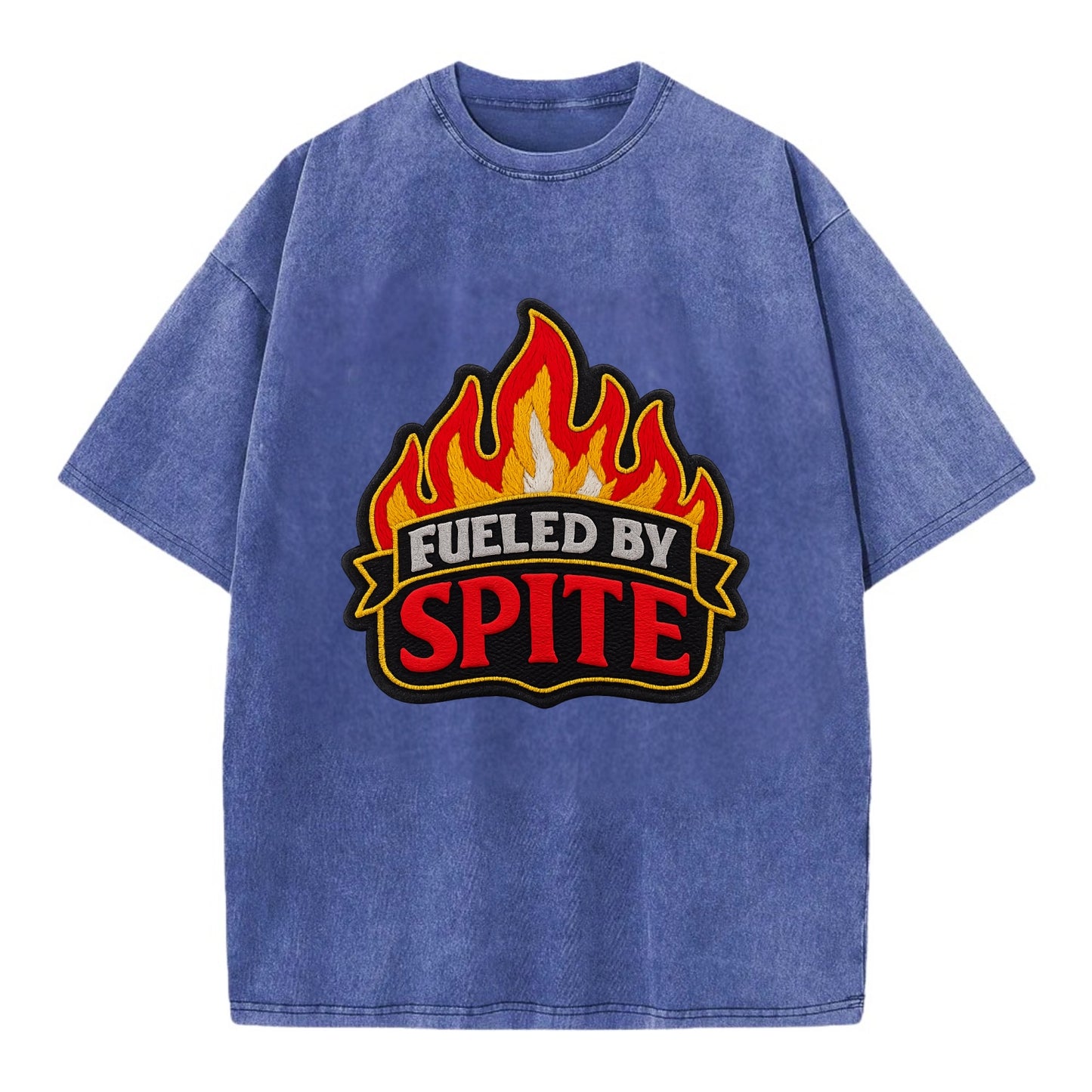 FUELED BY SPITE - fire with text in black and red , petty motivation - Vintage T-shirt - Blue