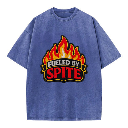FUELED BY SPITE - fire with text in black and red , petty motivation - Vintage T-shirt - Blue