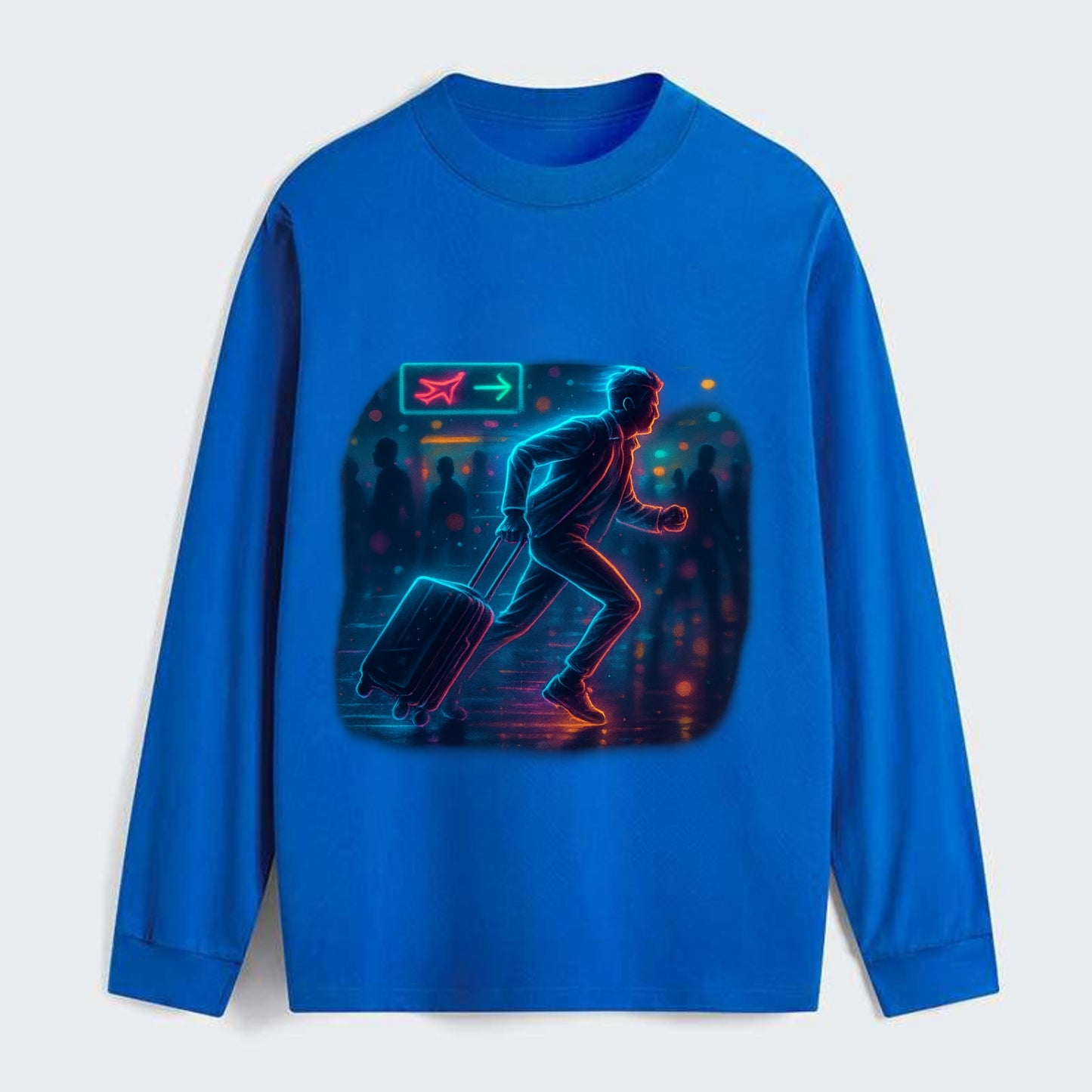 person running with luggage through crowded airport terminal - Classic Long Sleeve Shirt - Blue