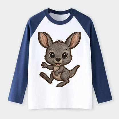 Baby Kangaroo Joey - gray fur, large ears, in pouch peek, bright eyes, - Raglan Long Sleeve T-Shirt - Blue