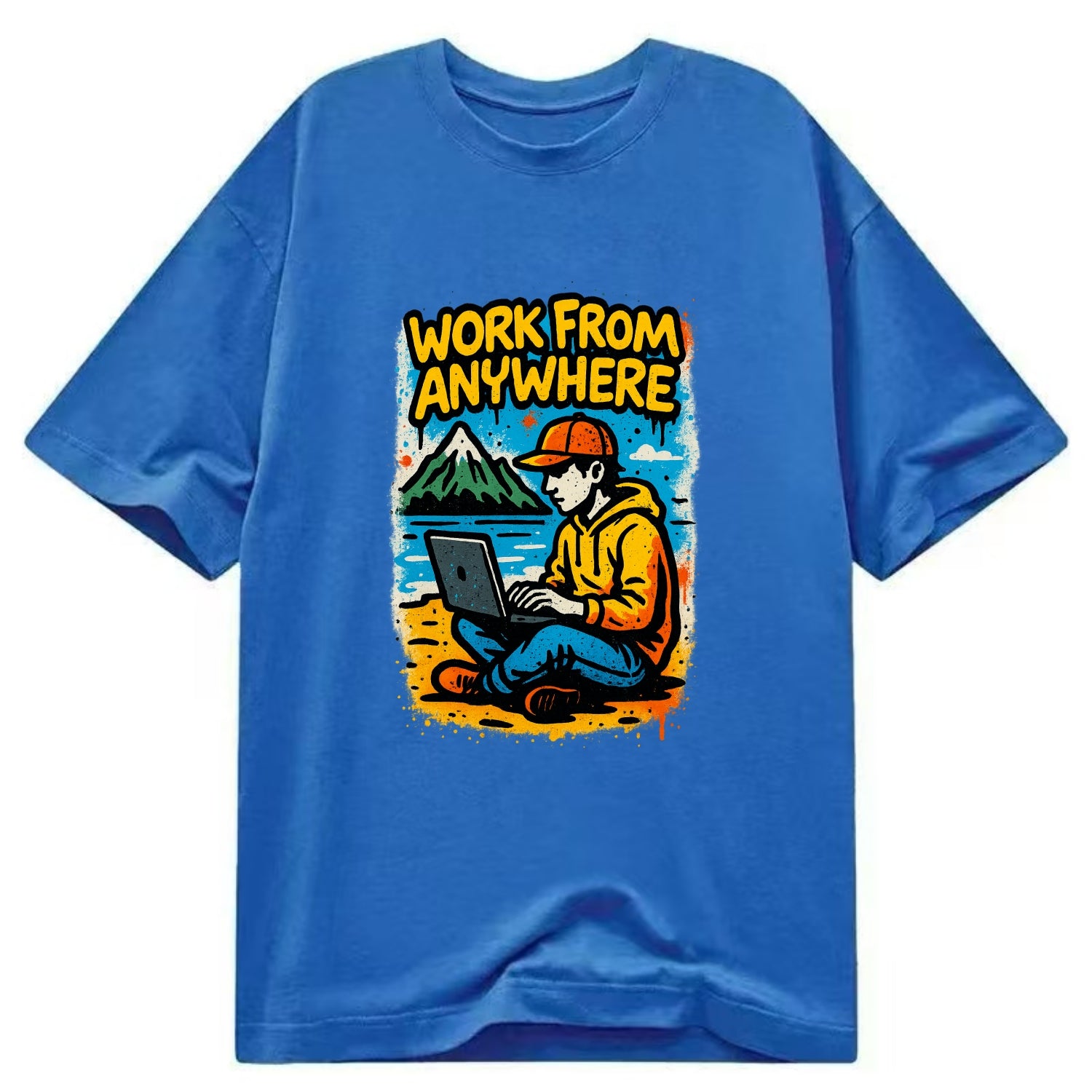 Digital nomad with laptop on beach/mountain - work from anywhere lifestyle, - Classic T-shirt - Blue
