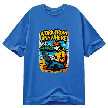 Digital nomad with laptop on beach/mountain - work from anywhere lifestyle, - Classic T-shirt - Blue