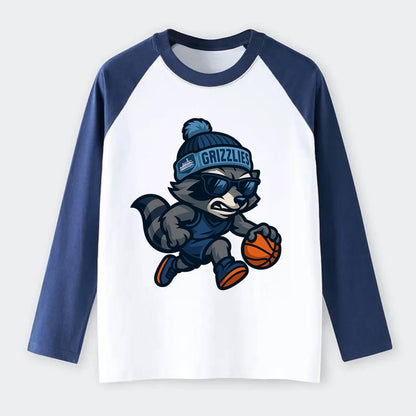 Memphis Raccoon wearing Grizzlies beanie with riverboat patch and - Raglan Long Sleeve T-Shirt - Blue