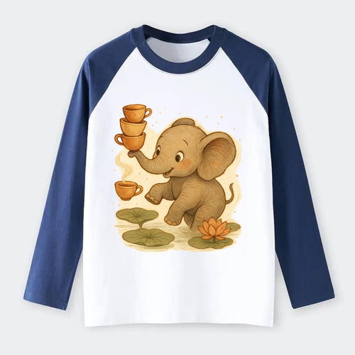Elephant balancing teacups during a floating tea ceremony beside lotus - Raglan Long Sleeve T-Shirt