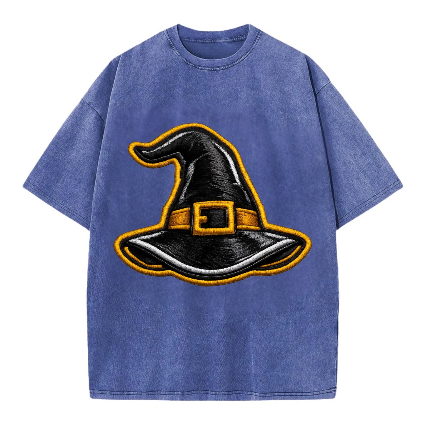 WITCH HAT - pointed hat with buckle in black and gold , coven - Vintage T-shirt - Blue