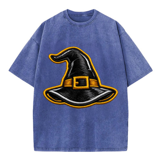 WITCH HAT - pointed hat with buckle in black and gold , coven - Vintage T-shirt - Blue