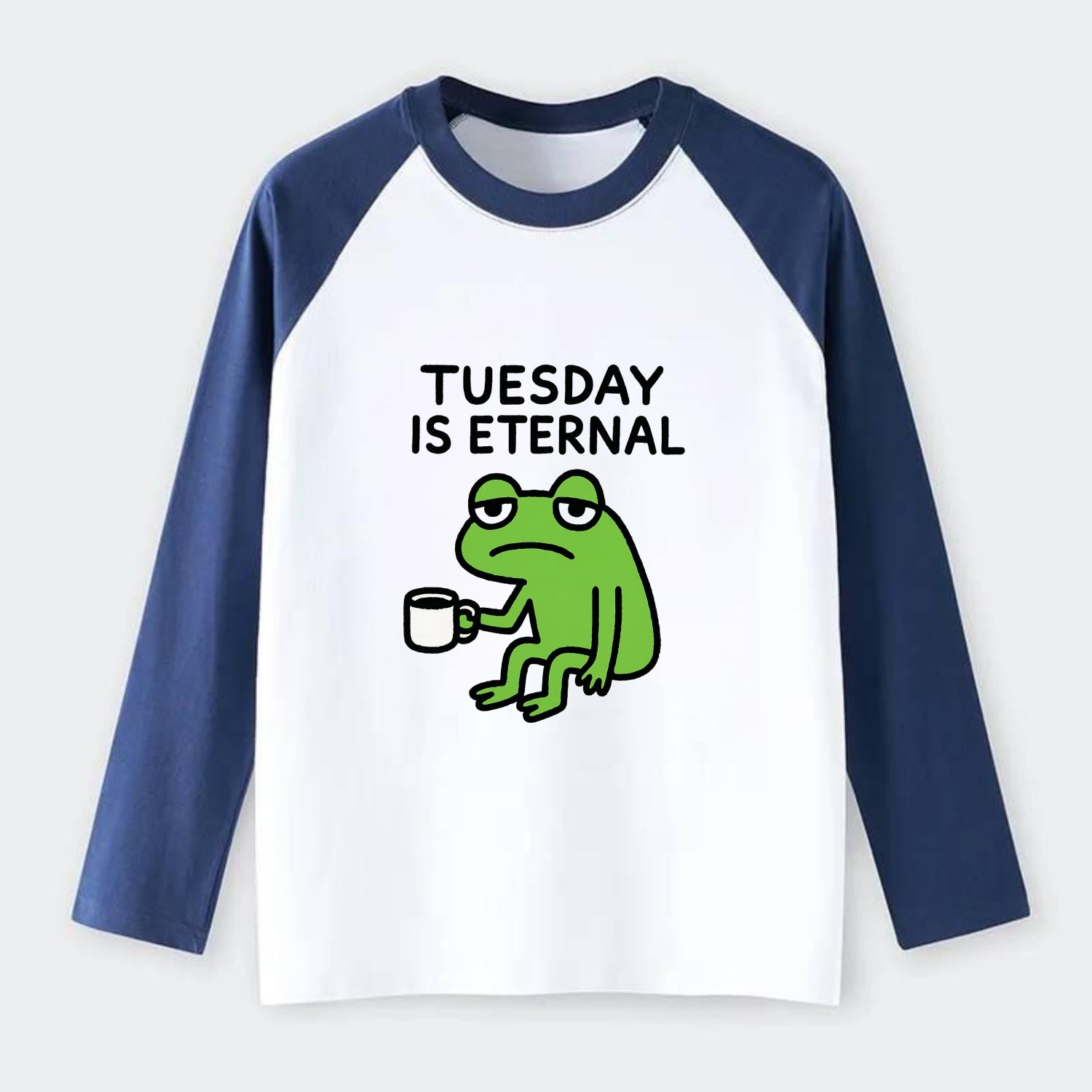 TUESDAY IS ETERNAL | Tired frog with coffee cup - Raglan Long Sleeve T-Shirt - Blue