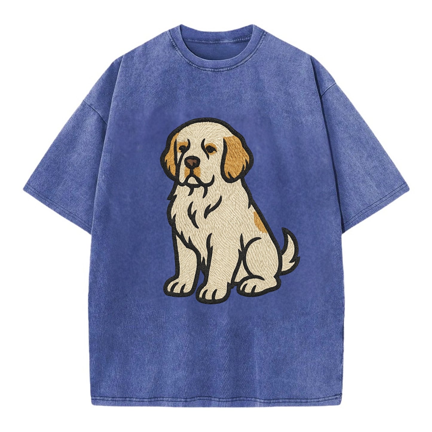 Clumber Spaniel - White with lemon markings embroidered pose - Vintage T-shirt - Blue