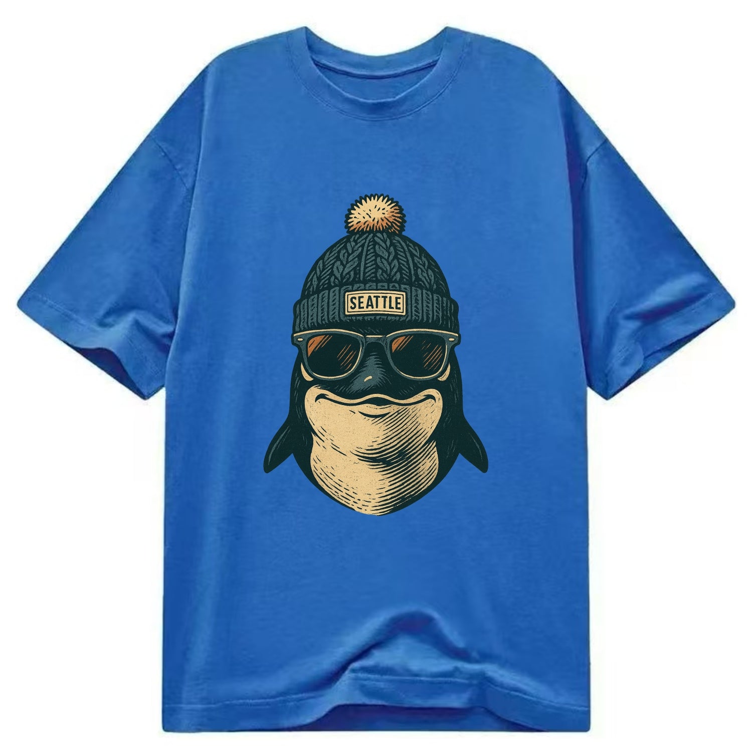 Washington Orca wearing Seattle beanie with pom pom and wayfarer sunglasses - Classic T-shirt - Blue