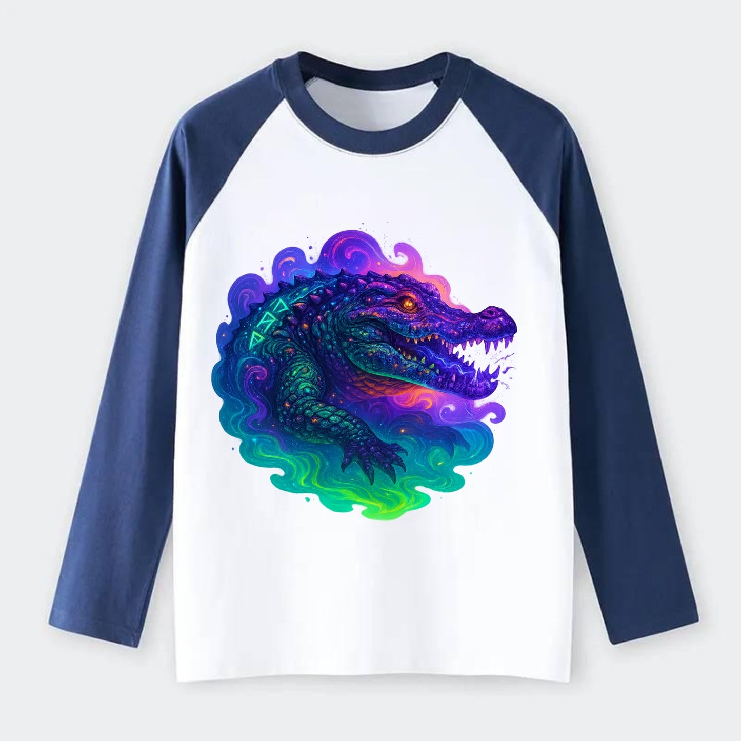 Primordial crocodile with scales pulsing plasma energy in green and - Raglan Long Sleeve T-Shirt - Blue