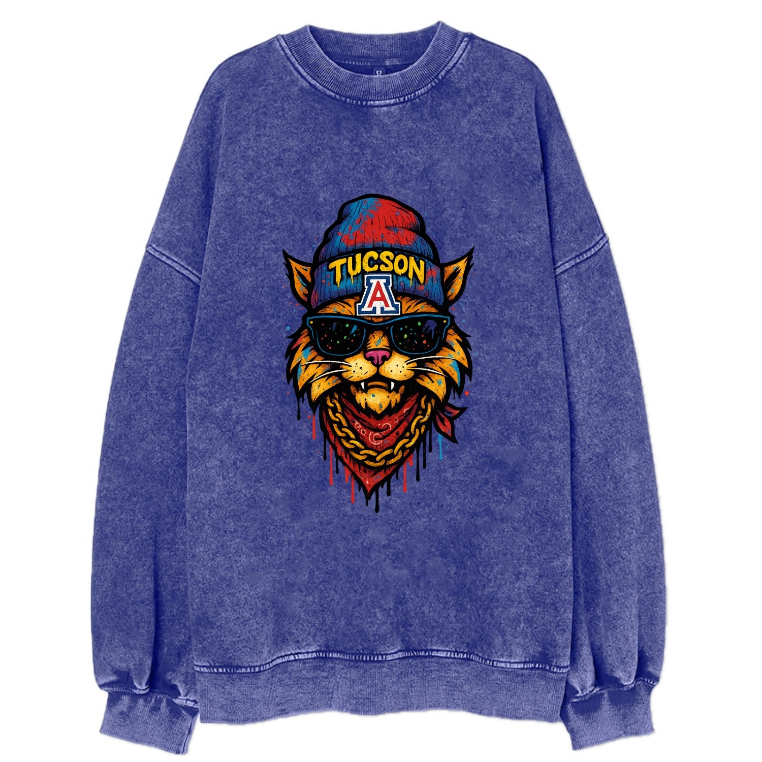 Tucson Wildcat wearing Arizona beanie with A patch - Vintage Sweatshirt - Blue