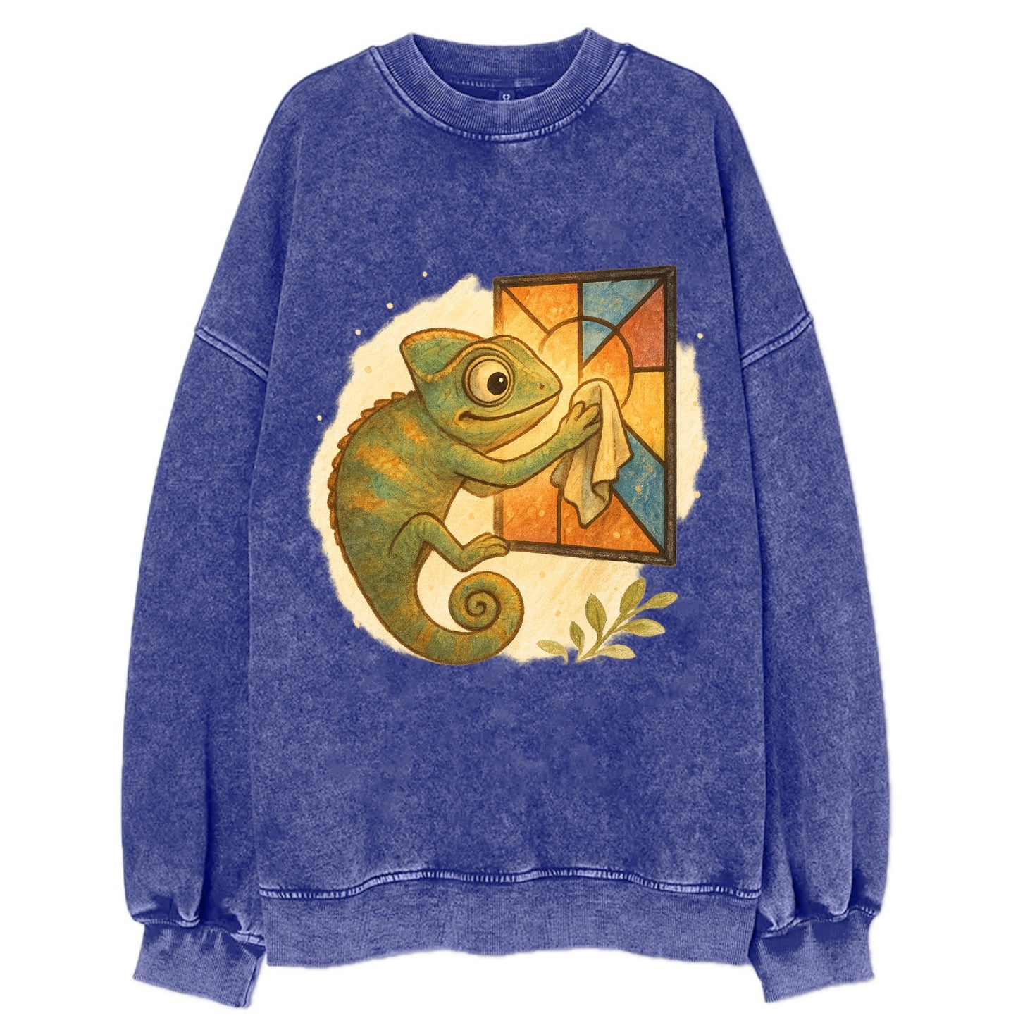 Chameleon blending into a stained-glass window it is polishing with delicate - Vintage Sweatshirt - Blue