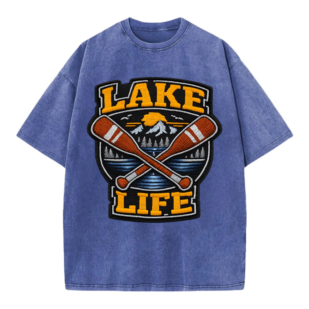 CANOE PADDLE - wooden paddle crossed in brown and cream , lake life - Vintage T-shirt - Blue
