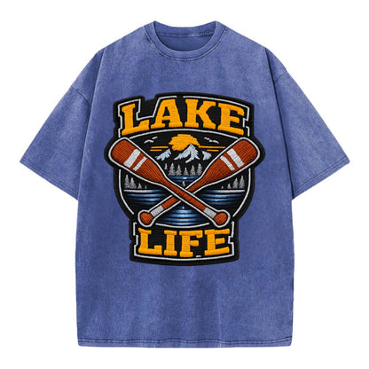 CANOE PADDLE - wooden paddle crossed in brown and cream , lake life - Vintage T-shirt - Blue