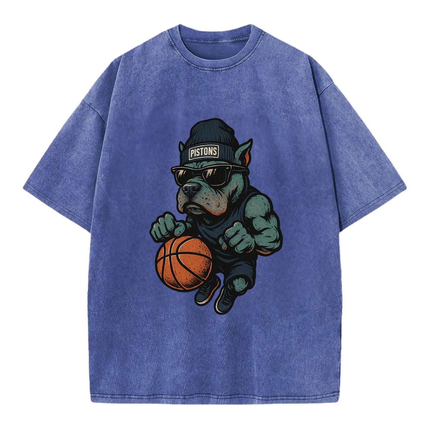 Detroit Pitbull wearing Pistons beanie with chrome patch and wayfarer sunglasses - Vintage T-shirt - Blue
