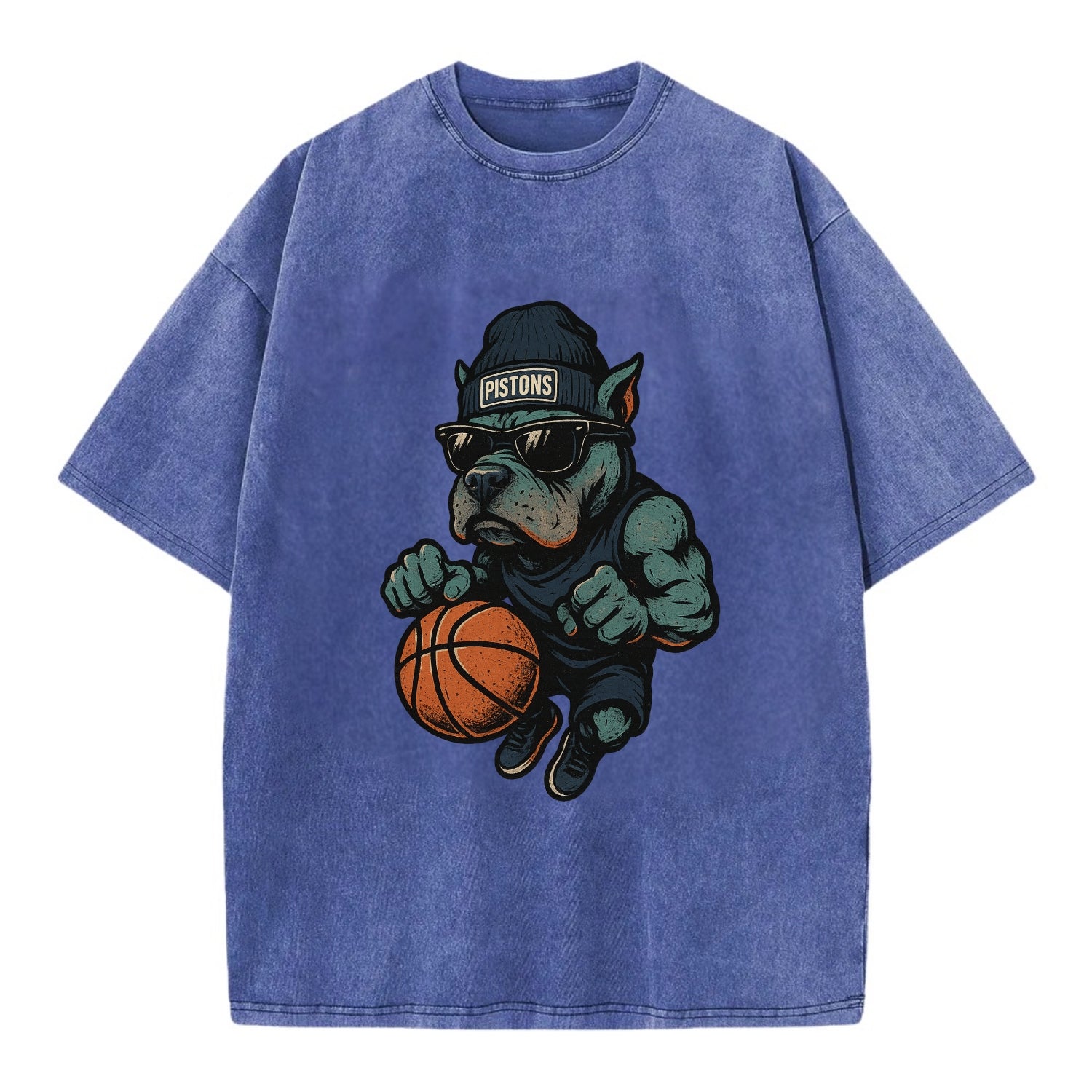 Detroit Pitbull wearing Pistons beanie with chrome patch and wayfarer sunglasses - Vintage T-shirt - Blue