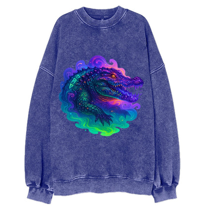 Primordial crocodile with scales pulsing plasma energy in green and purple, - Vintage Sweatshirt - Blue