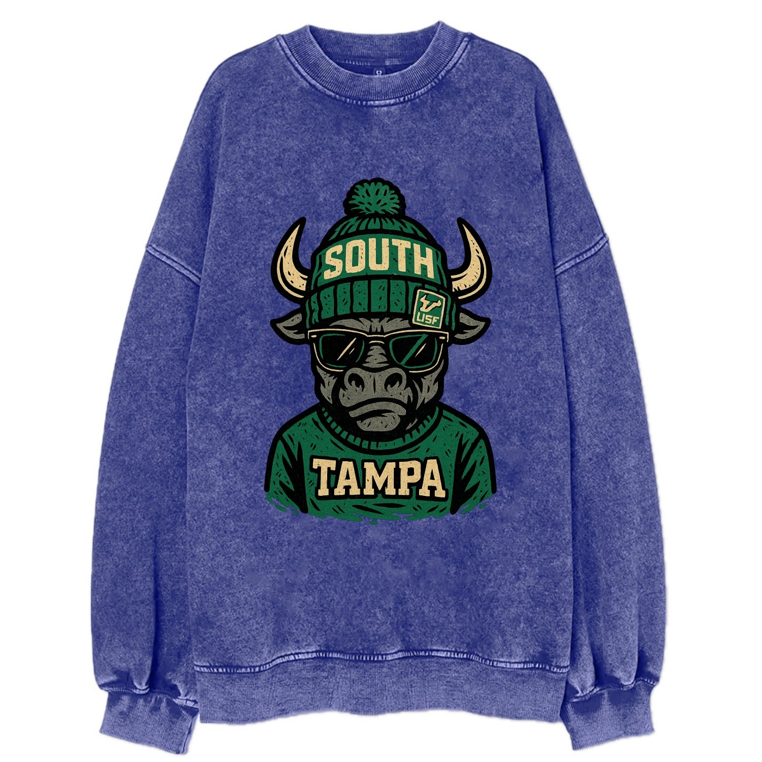 Tampa Bull wearing South Florida beanie with USF patch - Vintage Sweatshirt - Blue