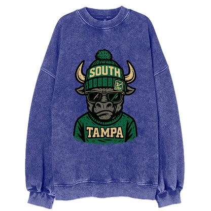 Tampa Bull wearing South Florida beanie with USF patch - Vintage Sweatshirt - Blue