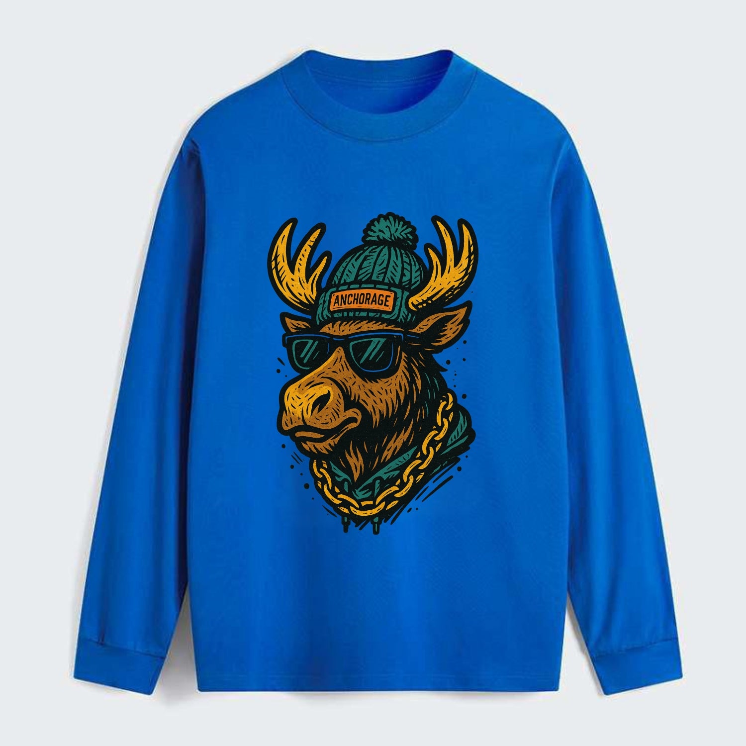 Alaska Moose wearing Anchorage beanie with pom pom and wayfarer - Classic Long Sleeve Shirt - Blue