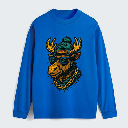 Alaska Moose wearing Anchorage beanie with pom pom and wayfarer - Classic Long Sleeve Shirt - Blue