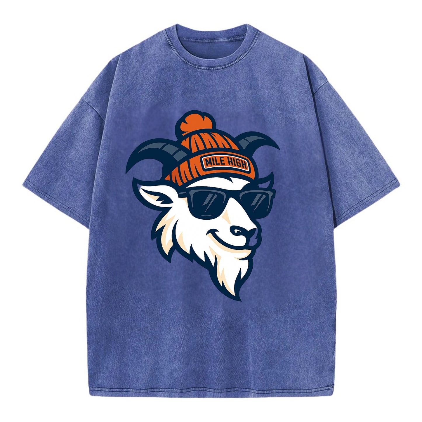 Denver Mountain Goat wearing Broncos beanie with Mile High patch and wayfarer - Vintage T-shirt - Blue
