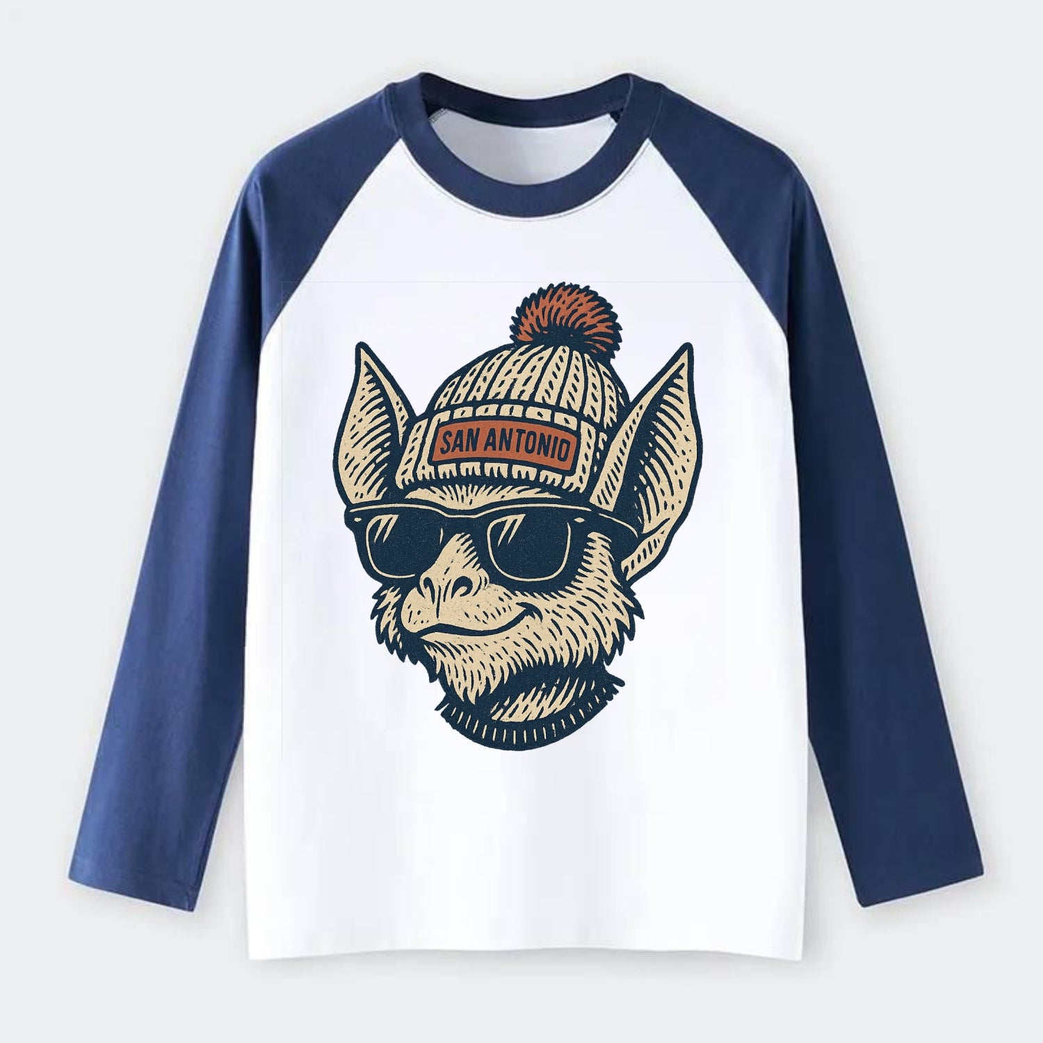 San Antonio Bat wearing San Antonio beanie with pom pom and wayfarer - Raglan Long Sleeve T-Shirt - Blue