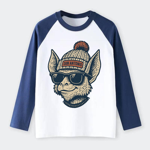 San Antonio Bat wearing San Antonio beanie with pom pom and wayfarer - Raglan Long Sleeve T-Shirt