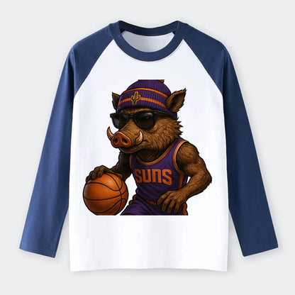 Phoenix Javelina wearing Suns beanie with cactus patch and wayfarer - Raglan Long Sleeve T-Shirt - Blue