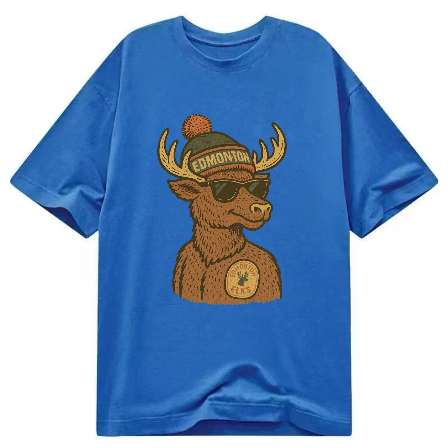 Edmonton Elk wearing Edmonton beanie with pom pom and wayfarer sunglasses - Classic T-shirt - Blue