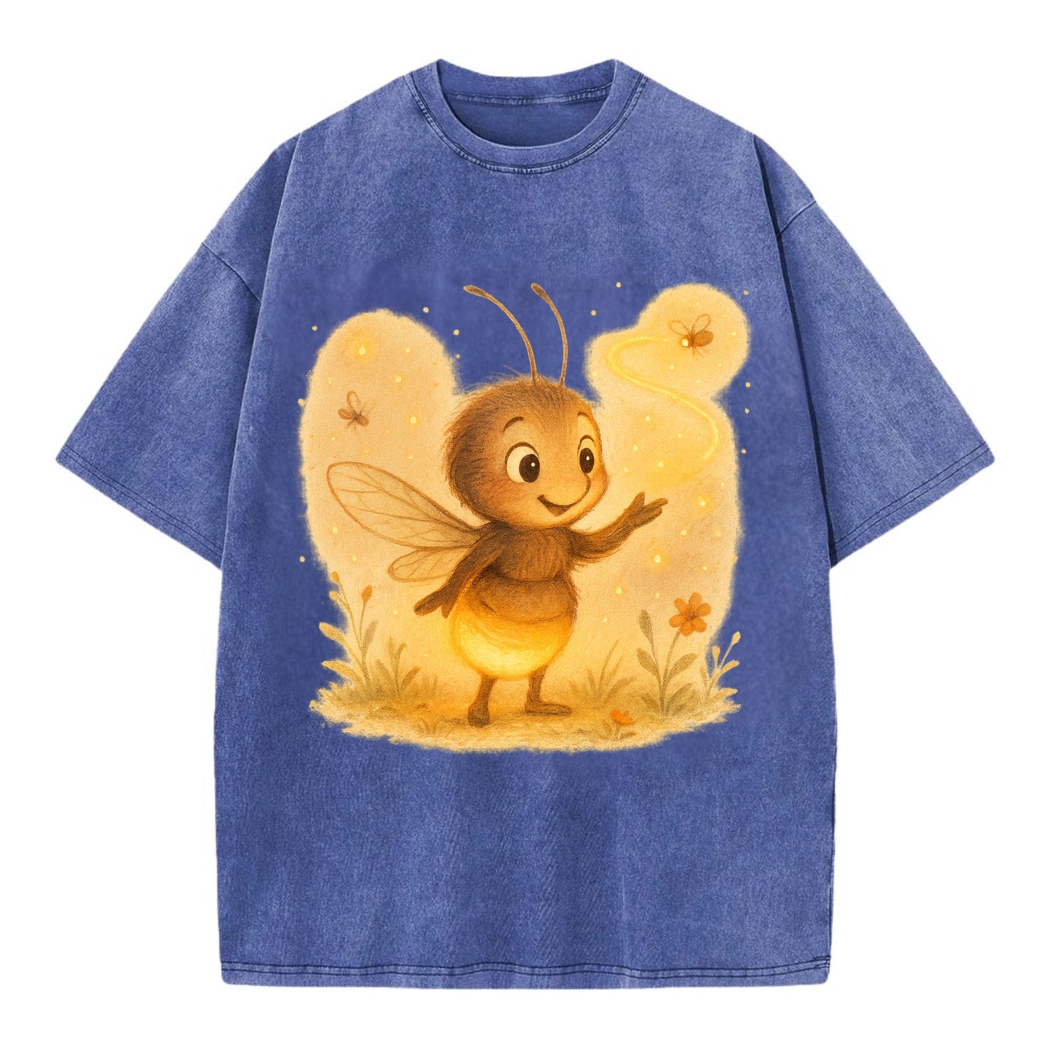 Firefly choreographer arranging synchronized light patterns over a meadow stage - Vintage T-shirt - Blue