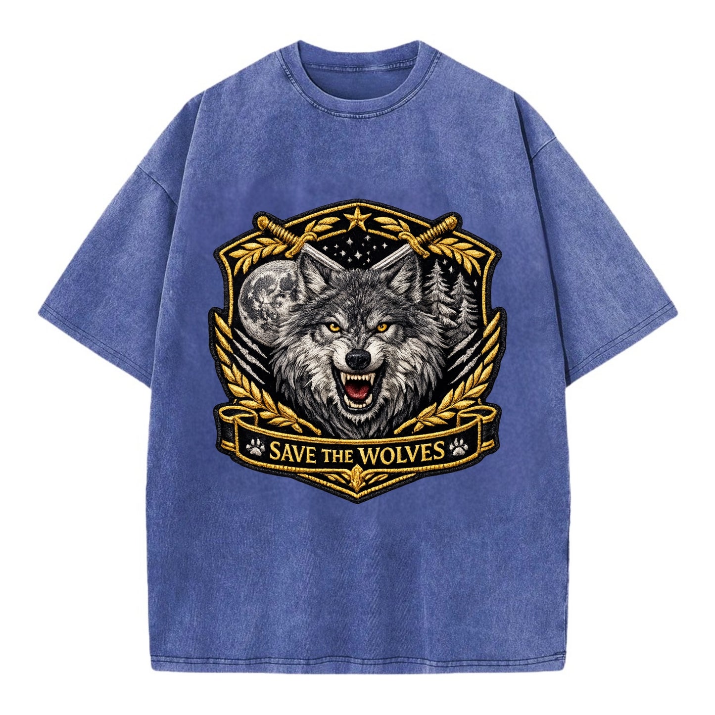 SAVE THE WOLVES - wolf moon in gray , predator protection - Vintage T-shirt - Blue