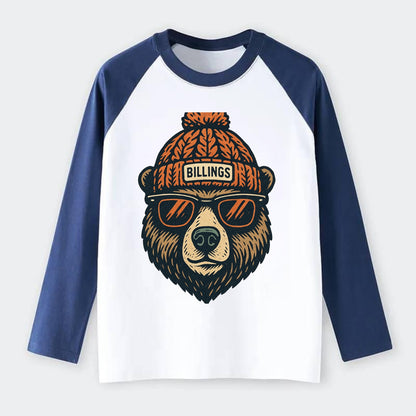 Montana Grizzly Bear wearing Billings beanie with pom pom and wayfarer - Raglan Long Sleeve T-Shirt - Blue