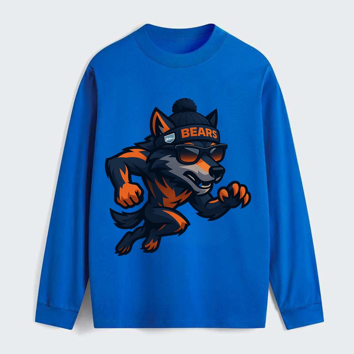Chicago Wolf wearing Bears beanie with Lake Michigan patch and wayfarer - Classic Long Sleeve Shirt - Blue