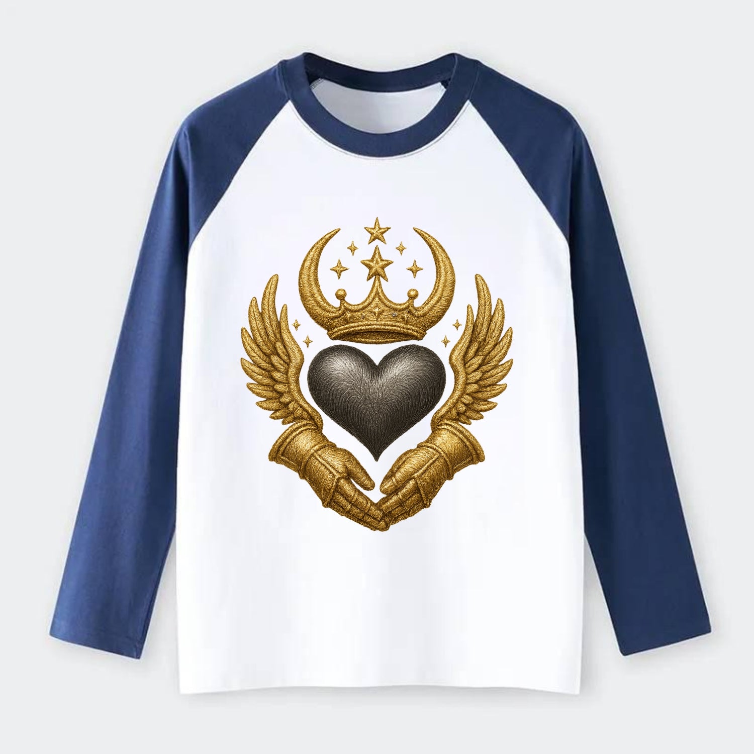 Nordic knotwork crown supporting a frosted steel heart with mittened - Raglan Long Sleeve T-Shirt - Blue