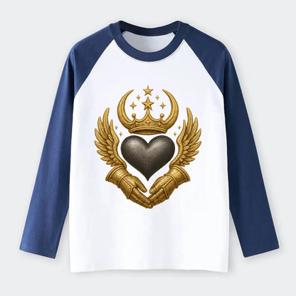 Nordic knotwork crown supporting a frosted steel heart with mittened - Raglan Long Sleeve T-Shirt - Blue