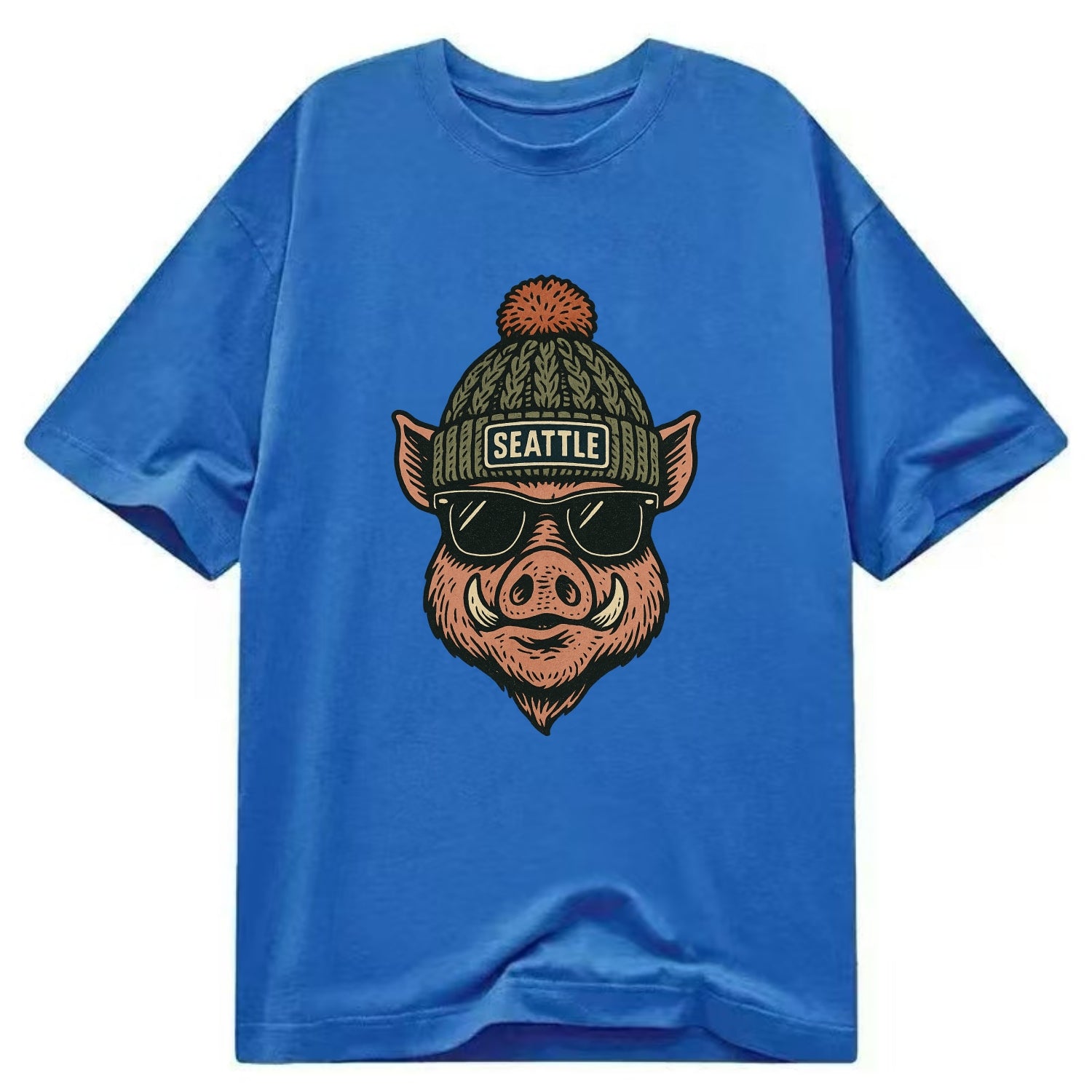 Washington Hog wearing Seattle beanie with pom pom and wayfarer sunglasses - Classic T-shirt - Blue