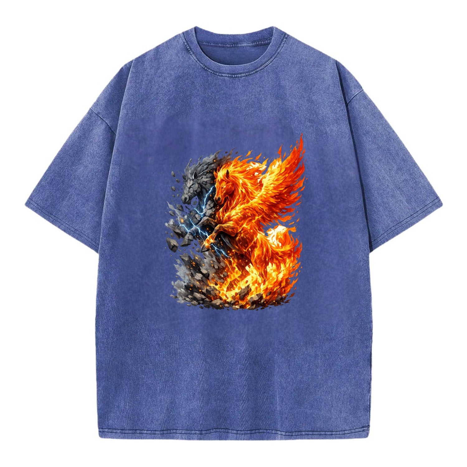 THUNDER FIRE | Horse combining lightning and flame | Electric fire | Storm energy - Vintage T-shirt - Blue