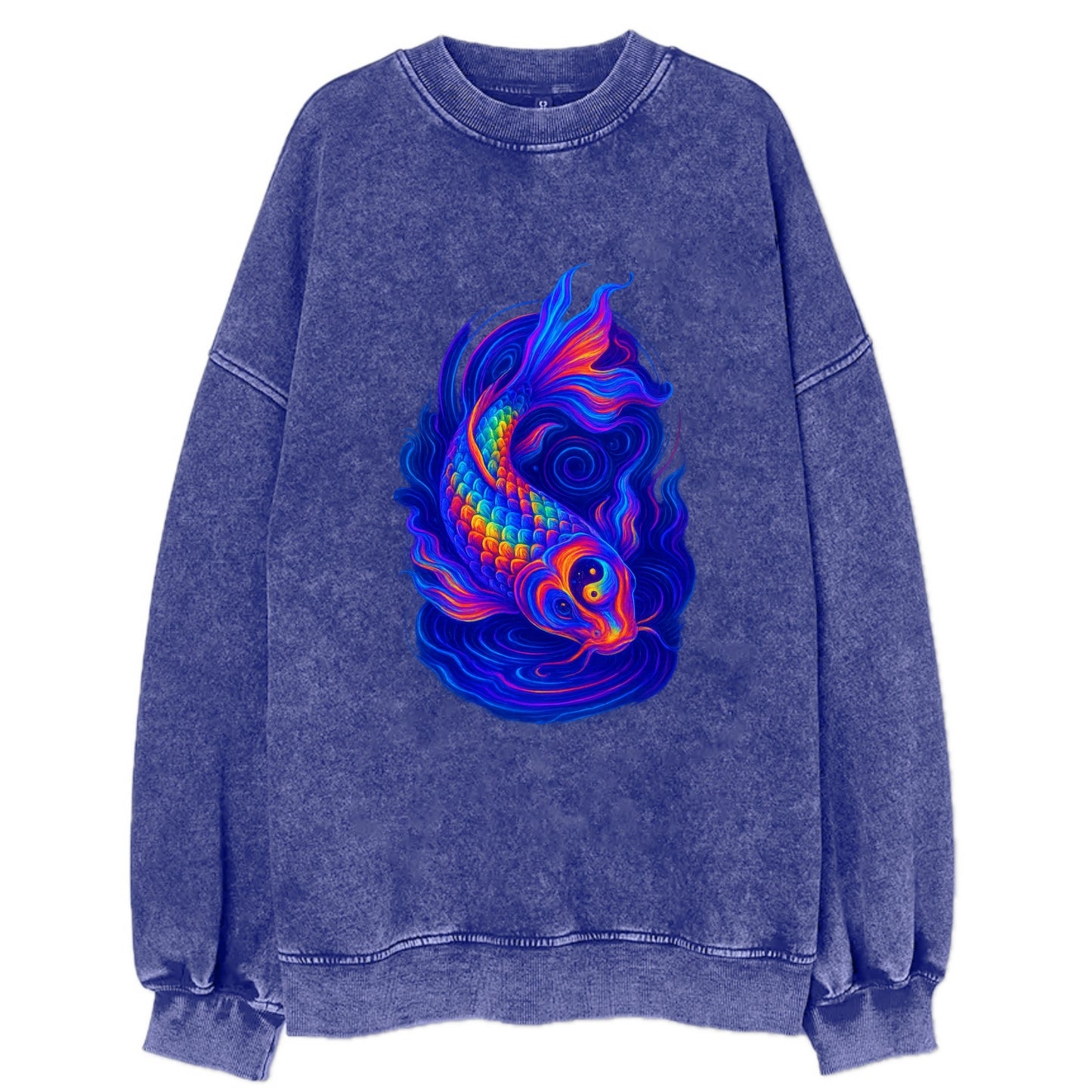 Sacred koi with scales reflecting rainbow prisms, yin-yang patterns in cosmic - Vintage Sweatshirt - Blue