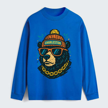 West Virginia Black Bear wearing Charleston beanie with pom pom and - Classic Long Sleeve Shirt - Blue