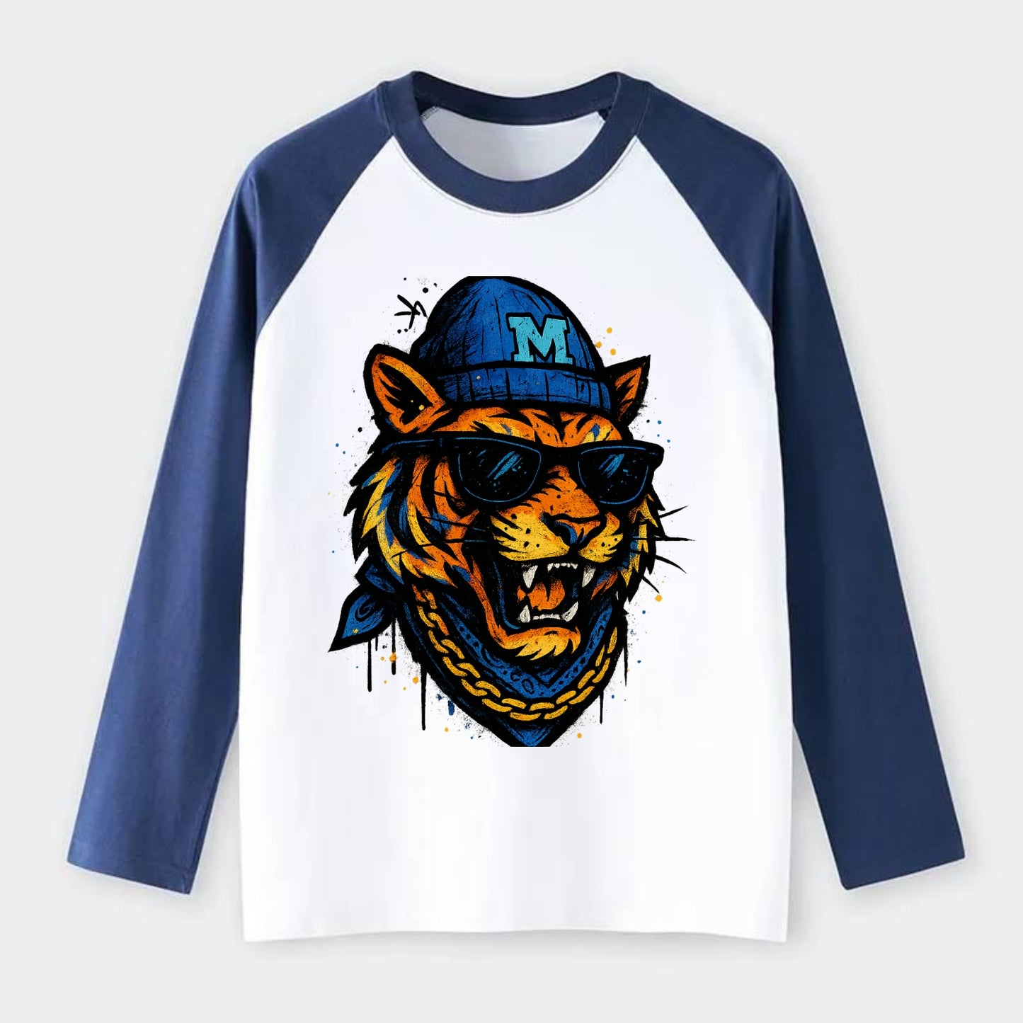 Memphis Tiger wearing Memphis beanie with M patch - Raglan Long Sleeve T-Shirt - Blue