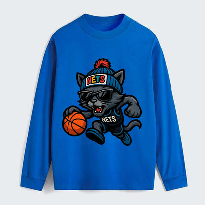 Brooklyn Cat wearing Nets beanie with street art patch and wayfarer - Classic Long Sleeve Shirt - Blue