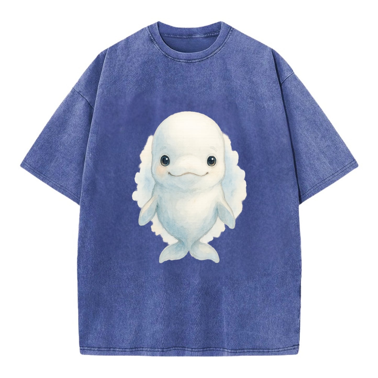 Baby Beluga Whale - pure white, rounded forehead, small eyes with big - Vintage T-shirt - Blue