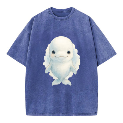 Baby Beluga Whale - pure white, rounded forehead, small eyes with big - Vintage T-shirt - Blue